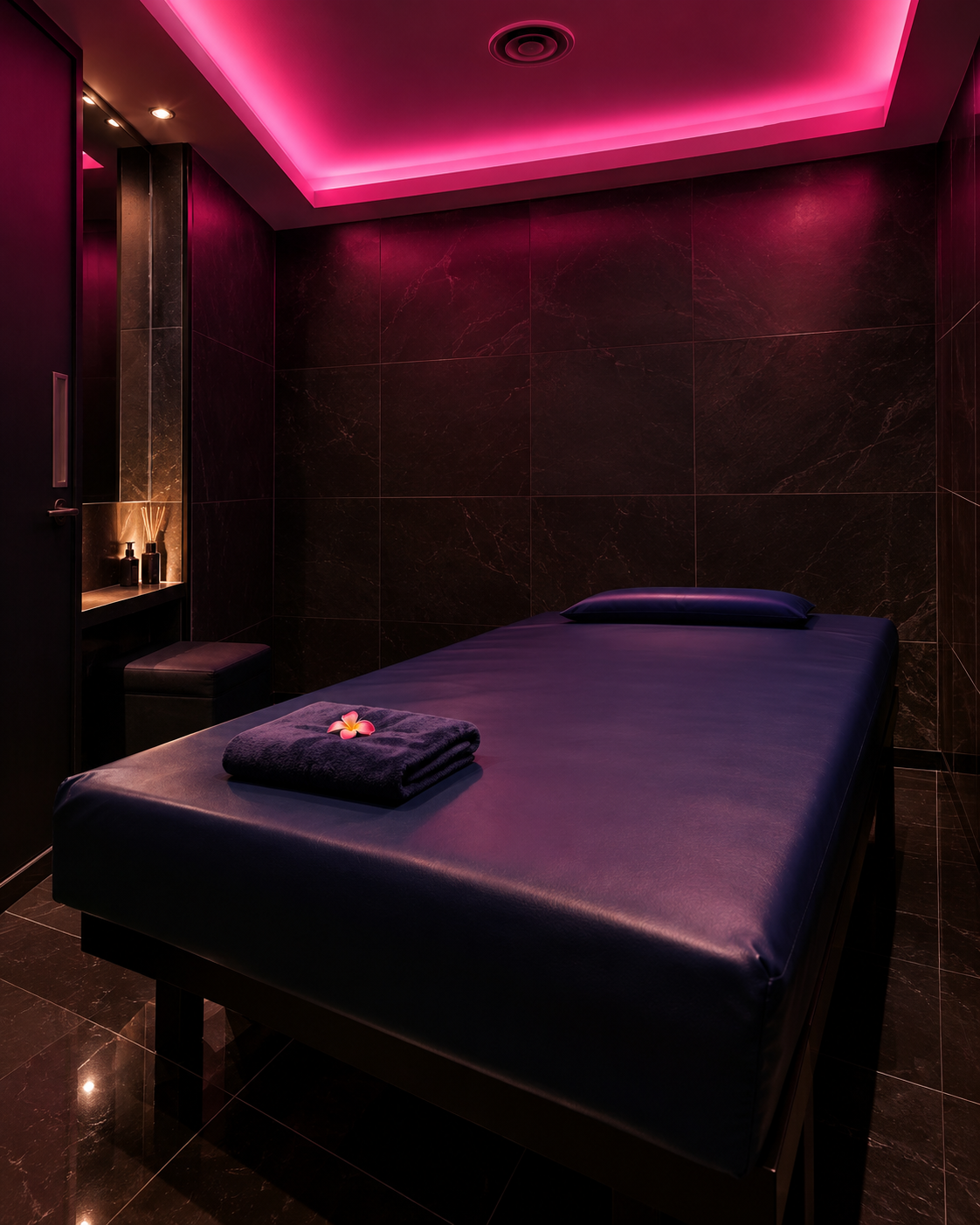 TEN MASSAGE 텐마사지 방콕 수쿰빗 아속 마사지룸 인테리어 콘셉트 이미지 - 블랙 인테리어와 핑크 LED 조명